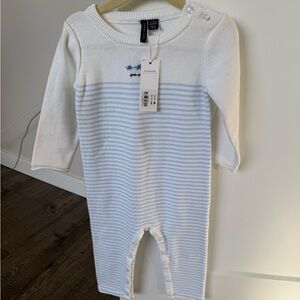 Janie and Jack Ivory and Sky Blue Striped Footie
